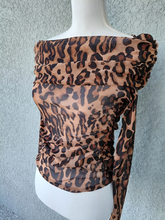 Tops - Jolie & Joy Leopard Print Off Shoulder Top Mesh Ruched Long Sleeve Size M